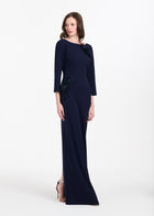 STRETCH CREPE 3/4 SLEEVE GOWN WITH ORGANZA  APPLIQUE NAVY