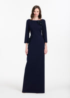 STRETCH CREPE 3/4 SLEEVE GOWN WITH ORGANZA  APPLIQUE NAVY