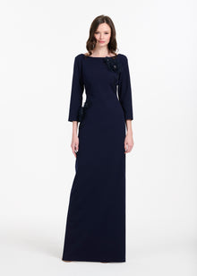 STRETCH CREPE 3/4 SLEEVE GOWN WITH ORGANZA  APPLIQUE NAVY