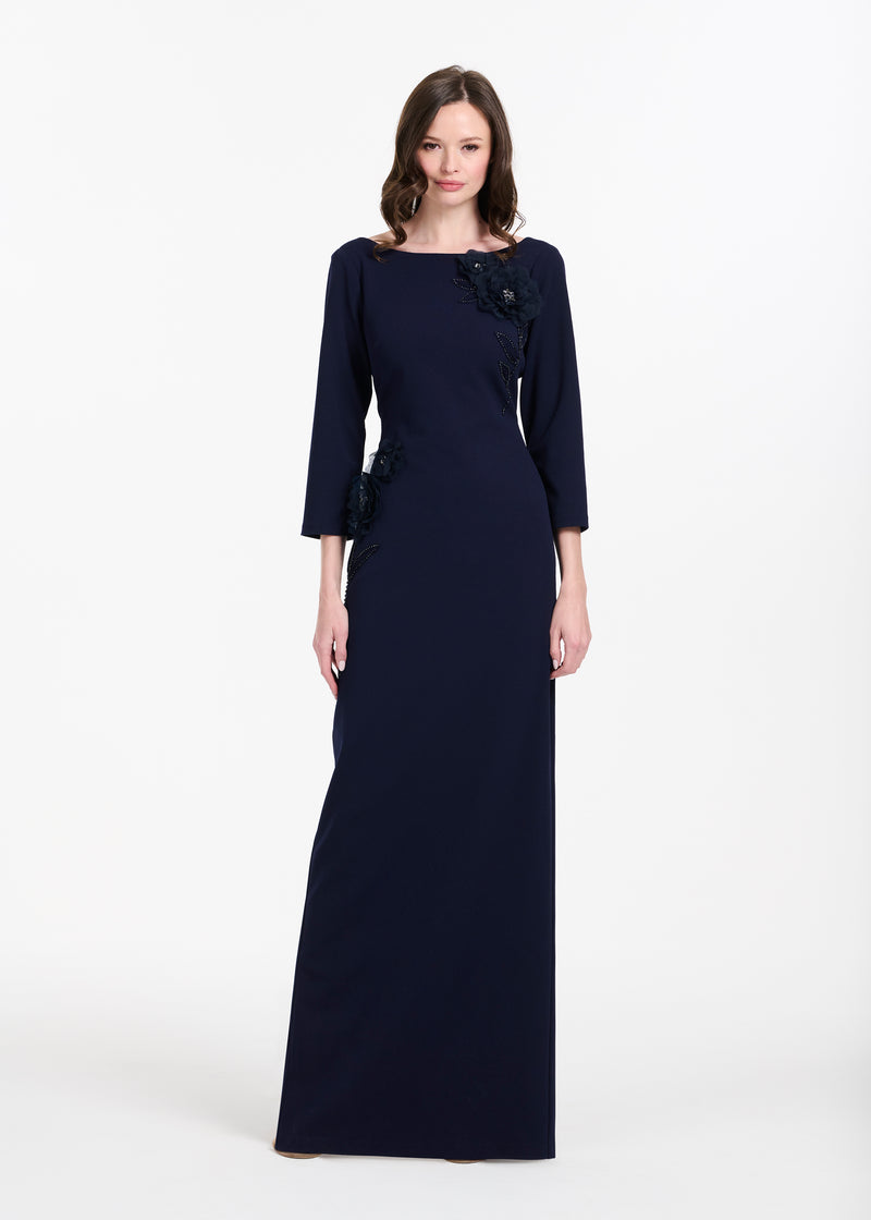 STRETCH CREPE 3/4 SLEEVE GOWN WITH ORGANZA  APPLIQUE NAVY