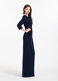 STRETCH CREPE 3/4 SLEEVE GOWN WITH ORGANZA  APPLIQUE NAVY