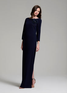 STRETCH CREPE 3/4 SLEEVE GOWN WITH ORGANZA  APPLIQUE NAVY