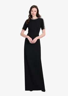 STRETCH CREPE MOCK NECK GOWN WITH 3D CRYSTAL TRIM BLACK