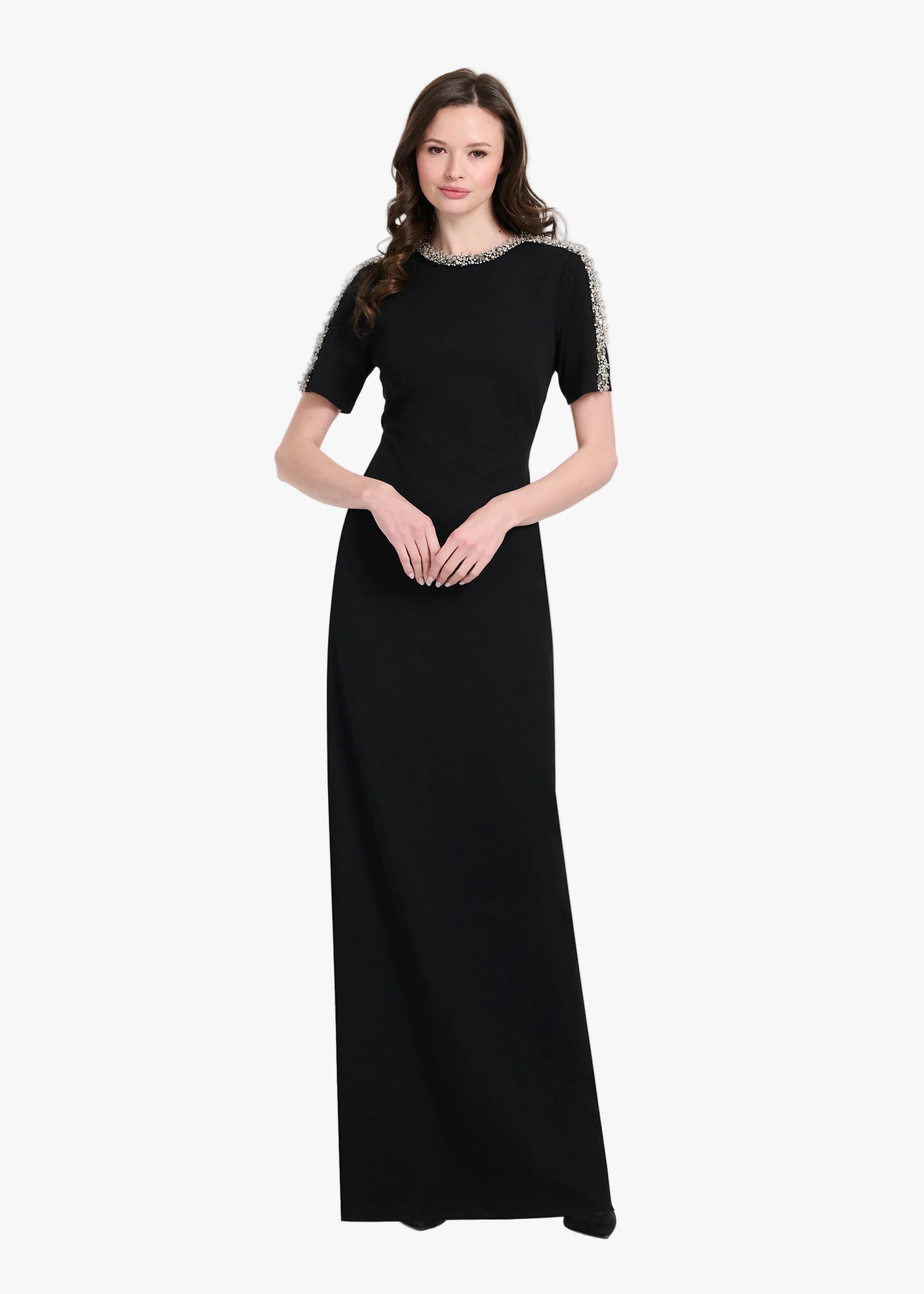 STRETCH CREPE MOCK NECK GOWN WITH 3D CRYSTAL TRIM BLACK