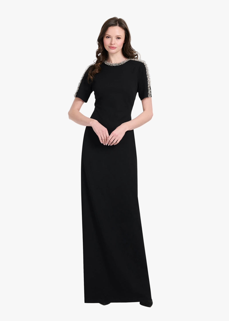 STRETCH CREPE MOCK NECK GOWN WITH 3D CRYSTAL TRIM BLACK