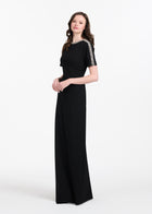 STRETCH CREPE MOCK NECK GOWN WITH 3D CRYSTAL TRIM BLACK