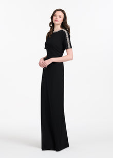 STRETCH CREPE MOCK NECK GOWN WITH 3D CRYSTAL TRIM BLACK