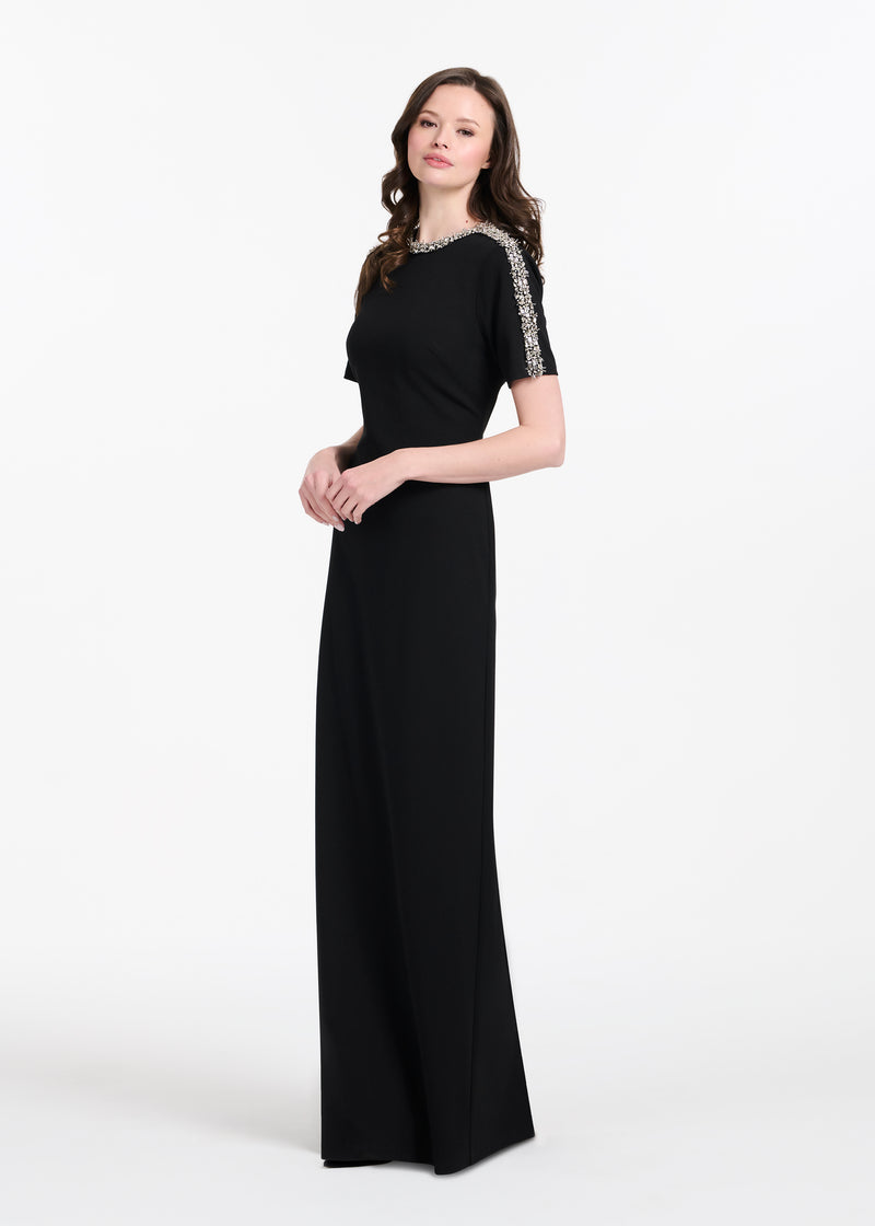 STRETCH CREPE MOCK NECK GOWN WITH 3D CRYSTAL TRIM BLACK