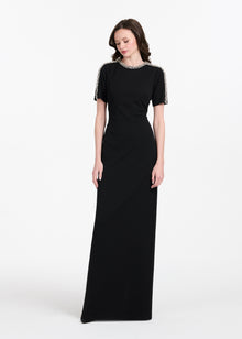 STRETCH CREPE MOCK NECK GOWN WITH 3D CRYSTAL TRIM BLACK