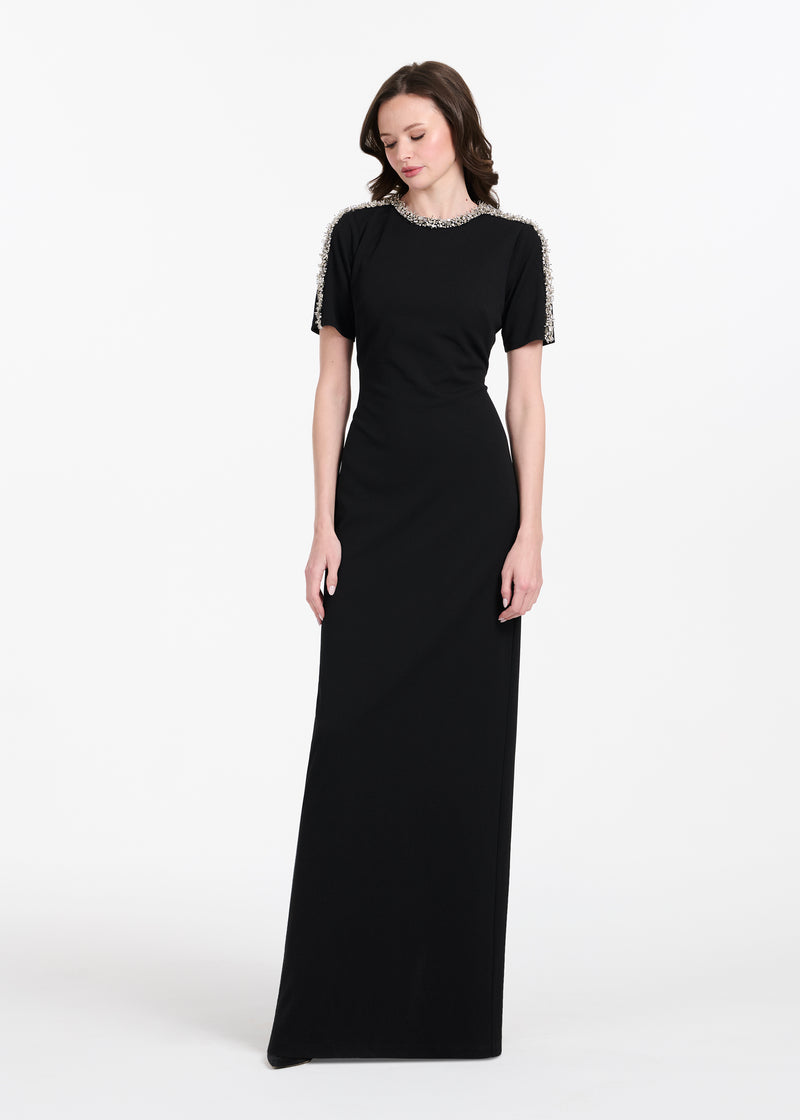 STRETCH CREPE MOCK NECK GOWN WITH 3D CRYSTAL TRIM BLACK