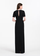 STRETCH CREPE MOCK NECK GOWN WITH 3D CRYSTAL TRIM BLACK