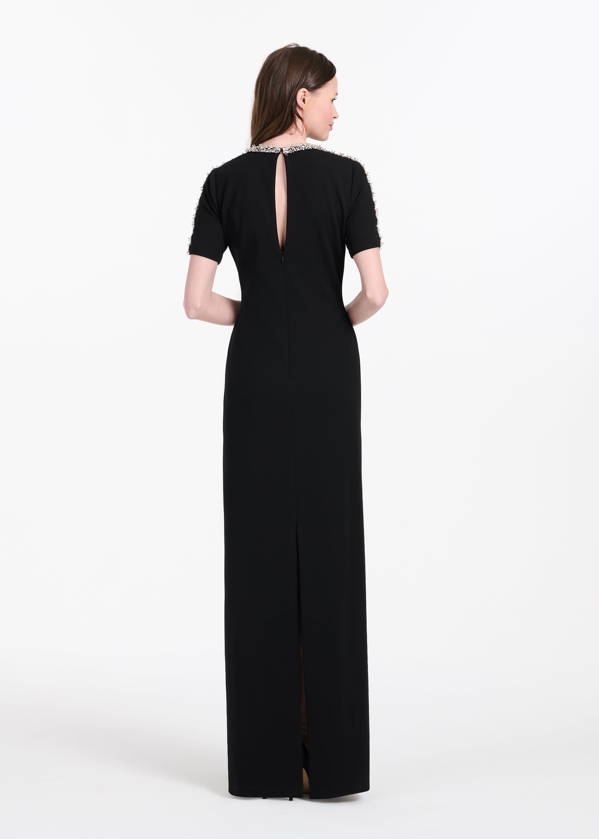 STRETCH CREPE MOCK NECK GOWN WITH 3D CRYSTAL TRIM BLACK
