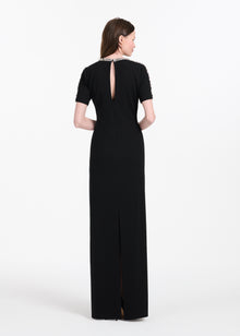 STRETCH CREPE MOCK NECK GOWN WITH 3D CRYSTAL TRIM BLACK