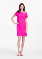 STRETCH CREPE SHORT SLEEVE COCKTAIL DRESS WITH CRYSTAL PEONY HOT PINK