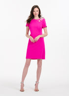 STRETCH CREPE SHORT SLEEVE COCKTAIL DRESS WITH CRYSTAL PEONY HOT PINK