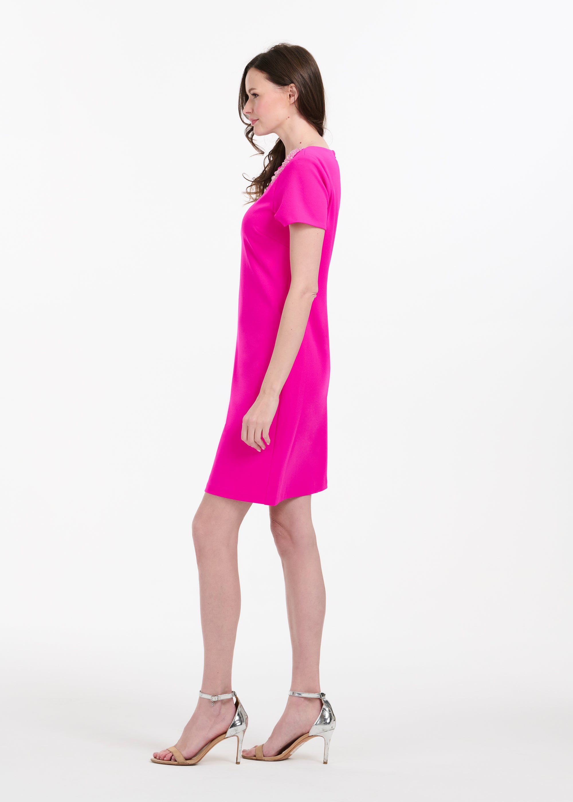 STRETCH CREPE SHORT SLEEVE COCKTAIL DRESS WITH CRYSTAL PEONY HOT PINK