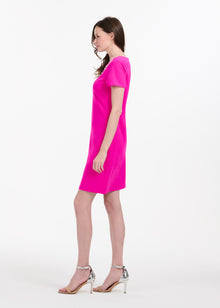 STRETCH CREPE SHORT SLEEVE COCKTAIL DRESS WITH CRYSTAL PEONY HOT PINK