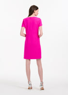 STRETCH CREPE SHORT SLEEVE COCKTAIL DRESS WITH CRYSTAL PEONY HOT PINK