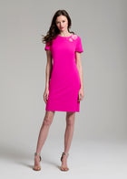 STRETCH CREPE SHORT SLEEVE COCKTAIL DRESS WITH CRYSTAL PEONY HOT PINK