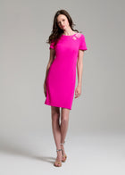 STRETCH CREPE SHORT SLEEVE COCKTAIL DRESS WITH CRYSTAL PEONY HOT PINK
