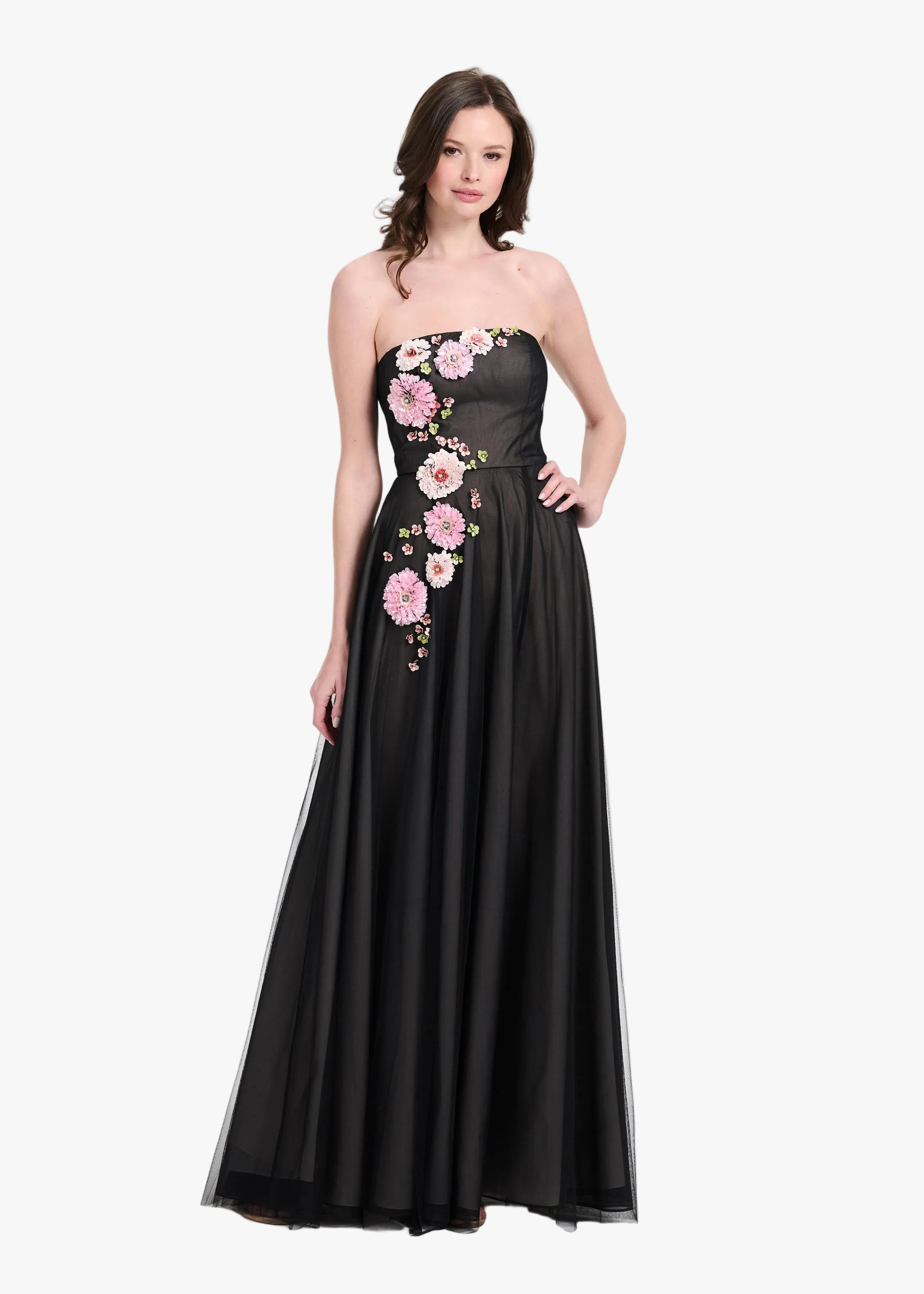 EMILY SHALANT Women's 3D Floral Strapless Tulle Gown - Black - Gowns EMILY SHALANT Women's 3D Floral Strapless Tulle Gown - Black - Gowns