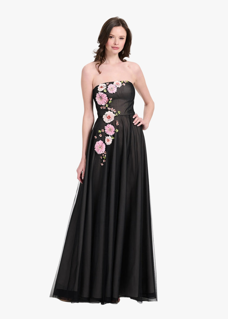 STRAPLESS TULLE GOWN WITH PAILETTE FLOWERS BLACK/BLUSH