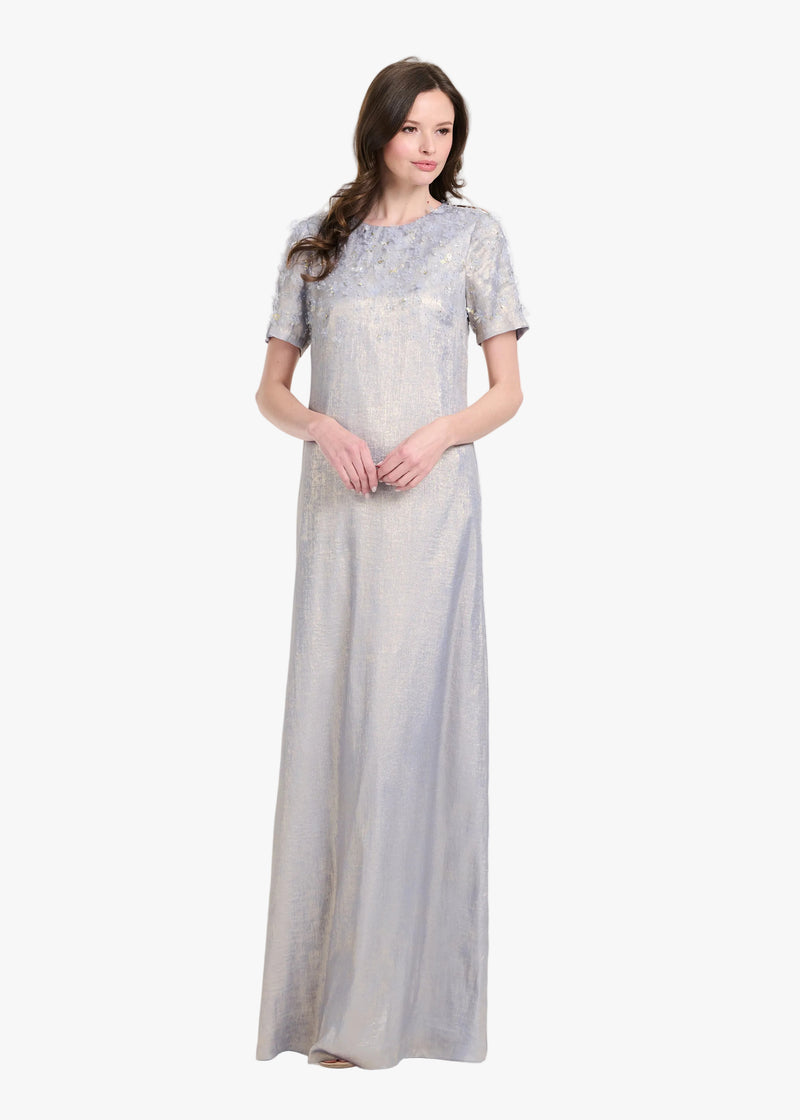 METALLIC CHIFFON DRESS WITH DELICATE ORGANZA FLOWERS
