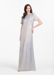 METALLIC CHIFFON DRESS WITH DELICATE ORGANZA FLOWERS