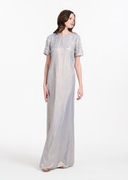 METALLIC CHIFFON DRESS WITH DELICATE ORGANZA FLOWERS