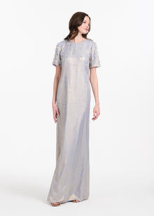 METALLIC CHIFFON DRESS WITH DELICATE ORGANZA FLOWERS