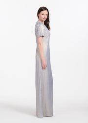 METALLIC CHIFFON DRESS WITH DELICATE ORGANZA FLOWERS