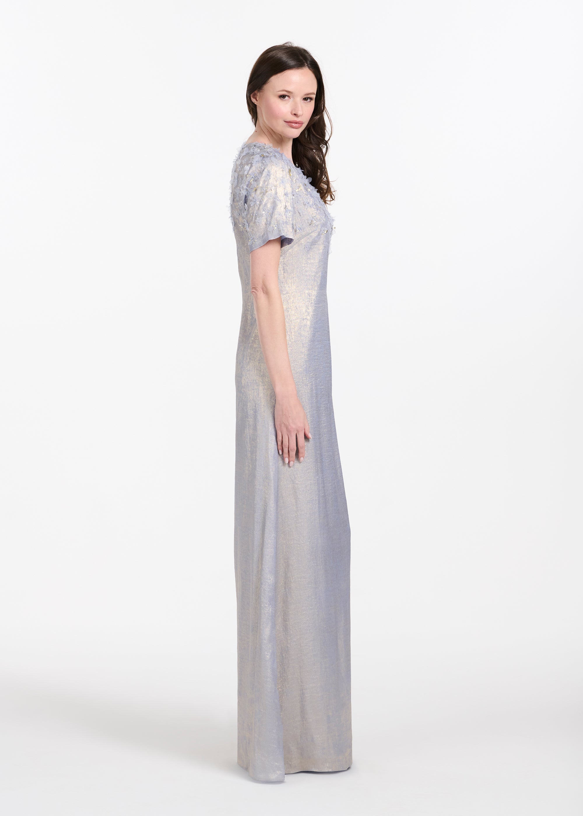 METALLIC CHIFFON DRESS WITH DELICATE ORGANZA FLOWERS