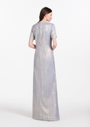 METALLIC CHIFFON DRESS WITH DELICATE ORGANZA FLOWERS