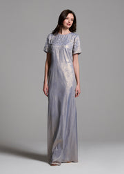 METALLIC CHIFFON DRESS WITH DELICATE ORGANZA FLOWERS