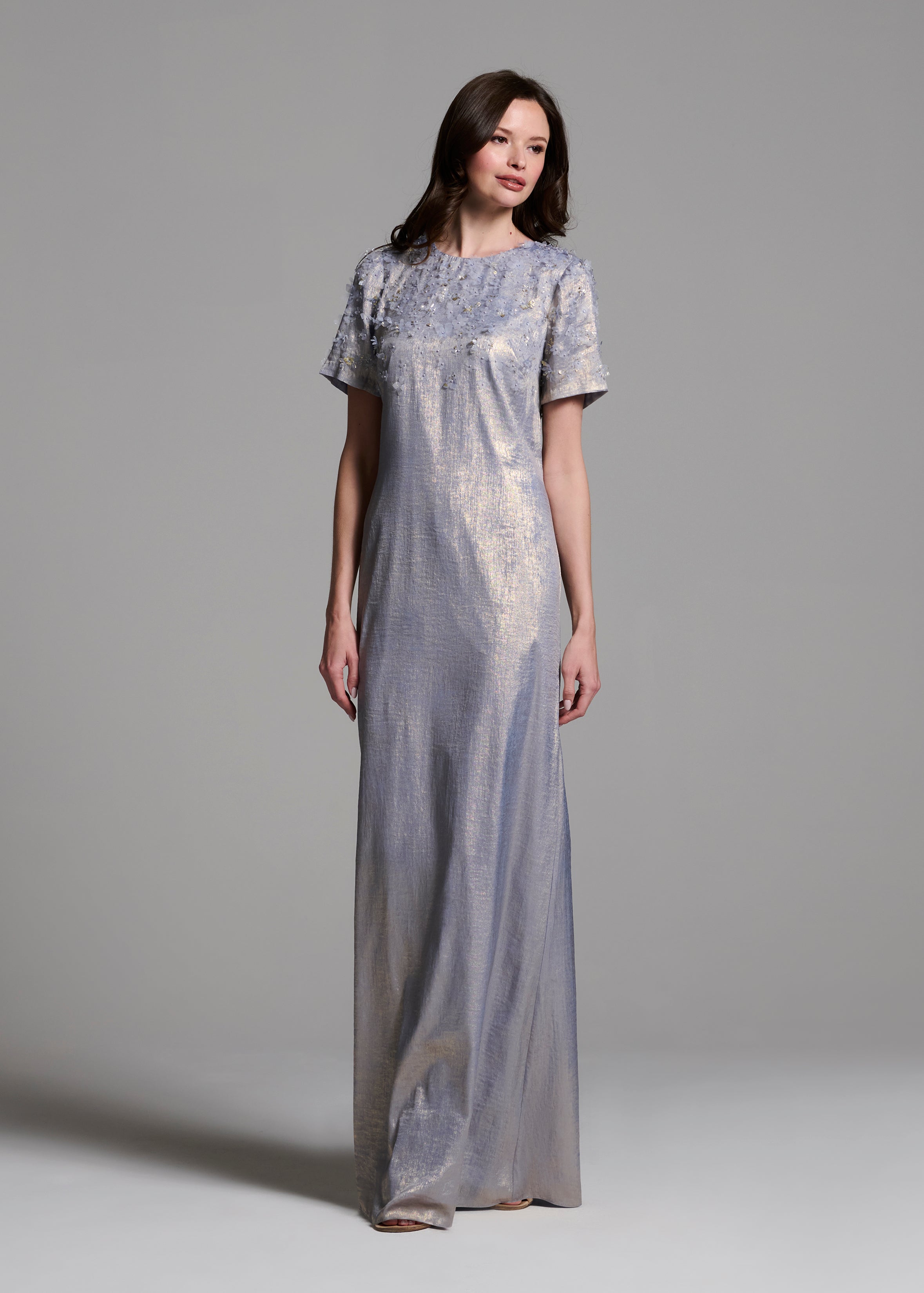 METALLIC CHIFFON DRESS WITH DELICATE ORGANZA FLOWERS