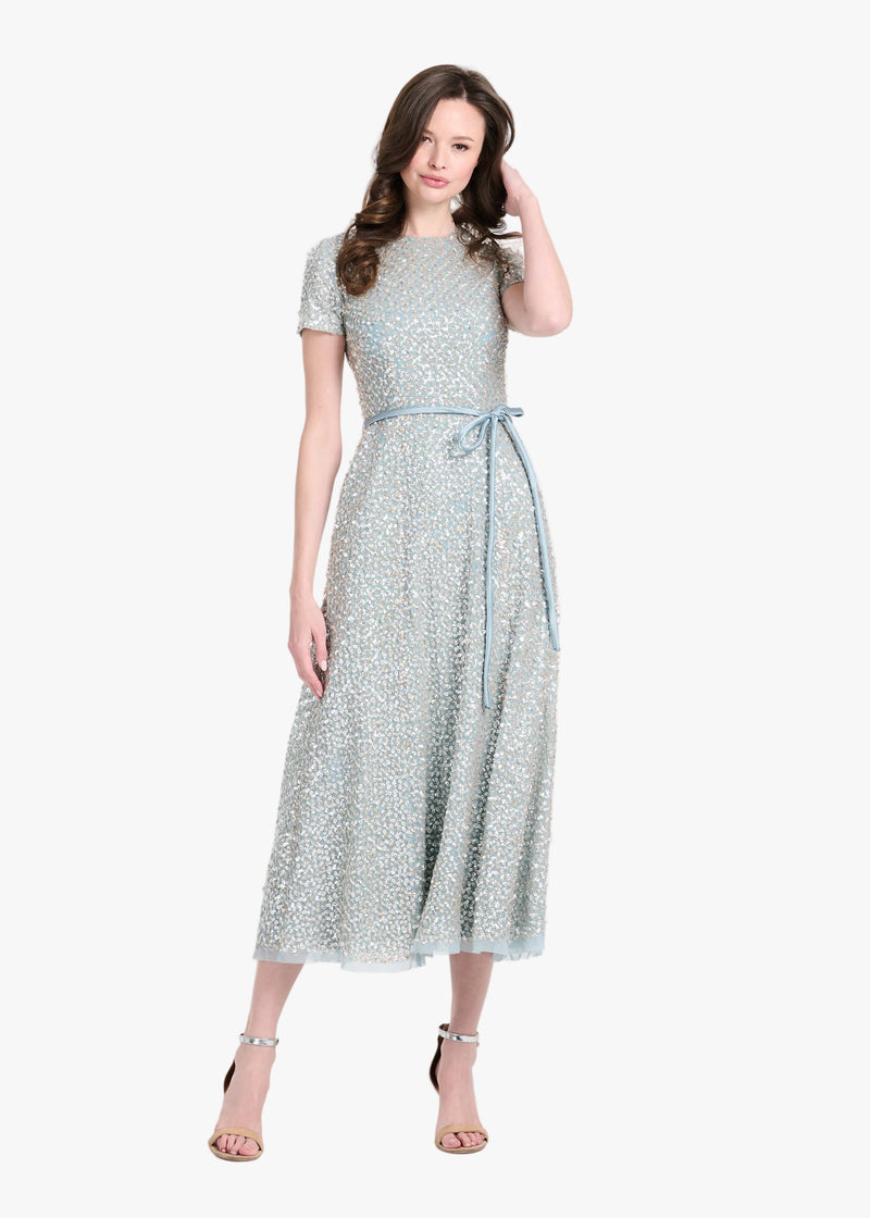 TRANSLUCENT ENCRUSTED SEQUIN DRESS LIGHT BLUE