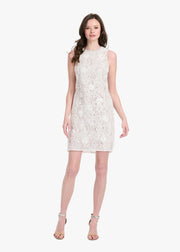 LACE APPLIQUE SHIFT DRESS WITH CHIFFON SOUTACHE AND CRYSTALS IVORY