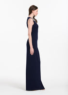 CRYSTAL FLORAL NECK GOWN NAVY