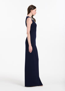 CRYSTAL FLORAL NECK GOWN NAVY