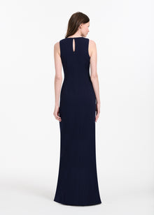 CRYSTAL FLORAL NECK GOWN NAVY