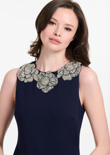 CRYSTAL FLORAL NECK GOWN NAVY