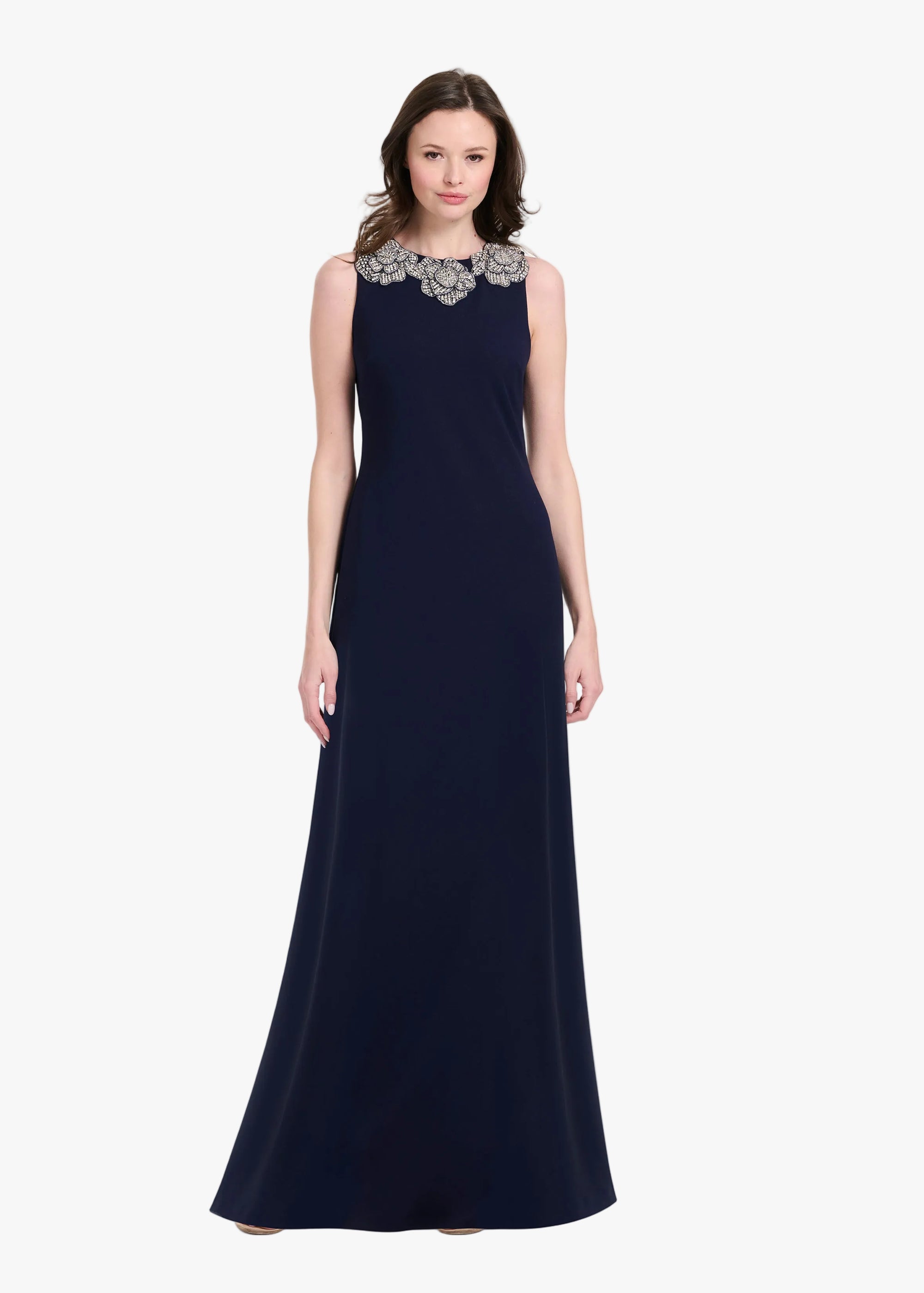 CRYSTAL FLORAL NECK GOWN NAVY