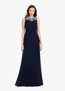 CRYSTAL FLORAL NECK GOWN NAVY
