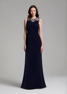 CRYSTAL FLORAL NECK GOWN NAVY