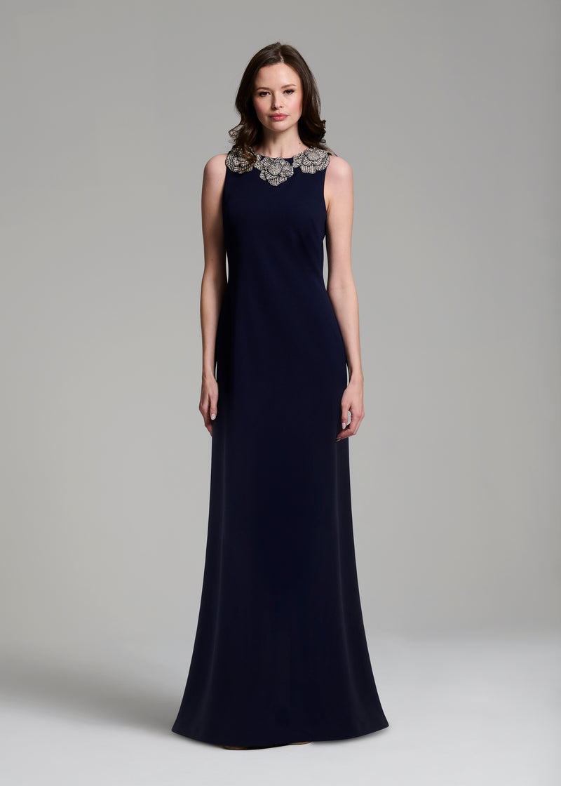 CRYSTAL FLORAL NECK GOWN NAVY