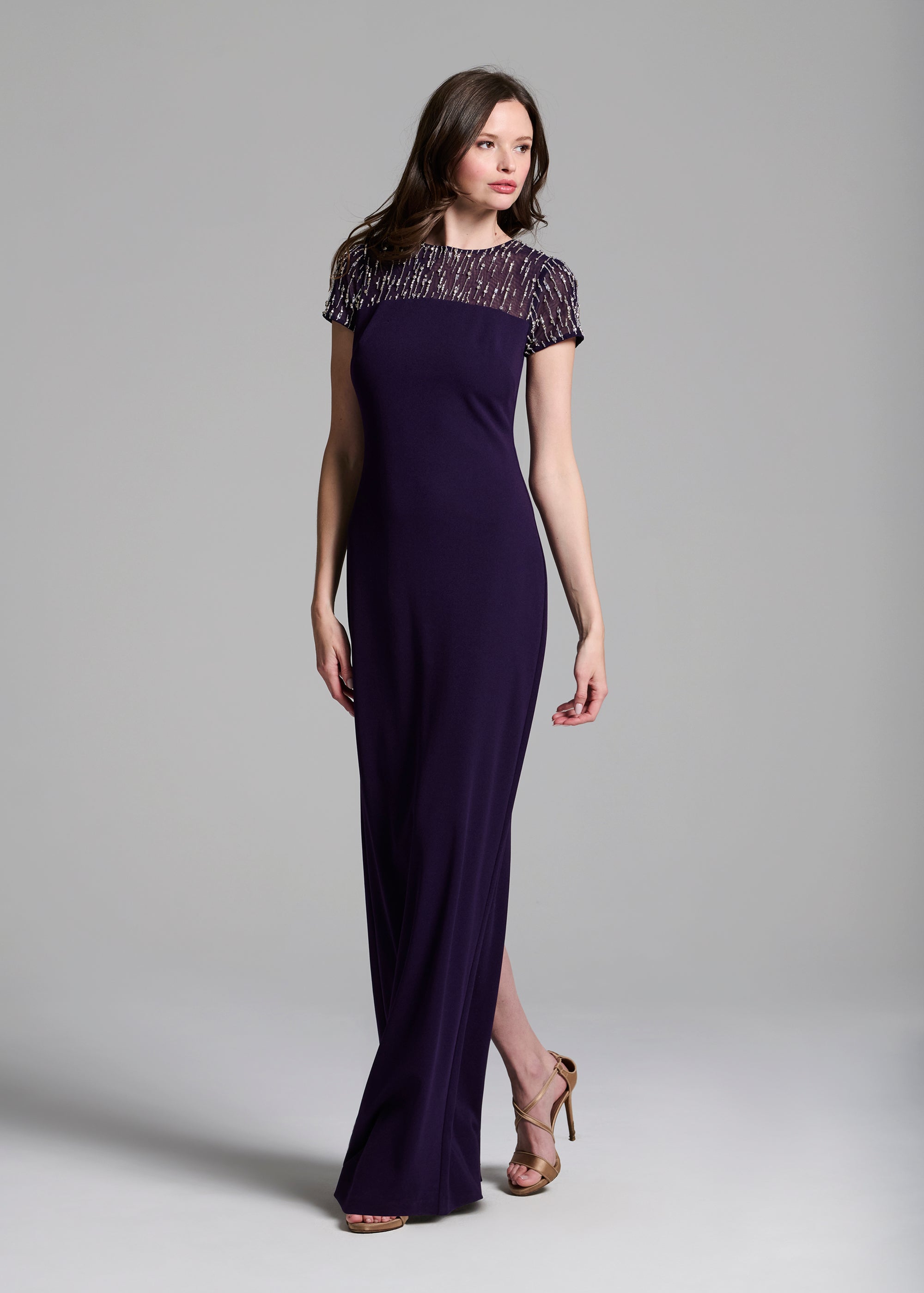 ILLUSION CRYSTAL STRETCH CREPE GOWN BLACK