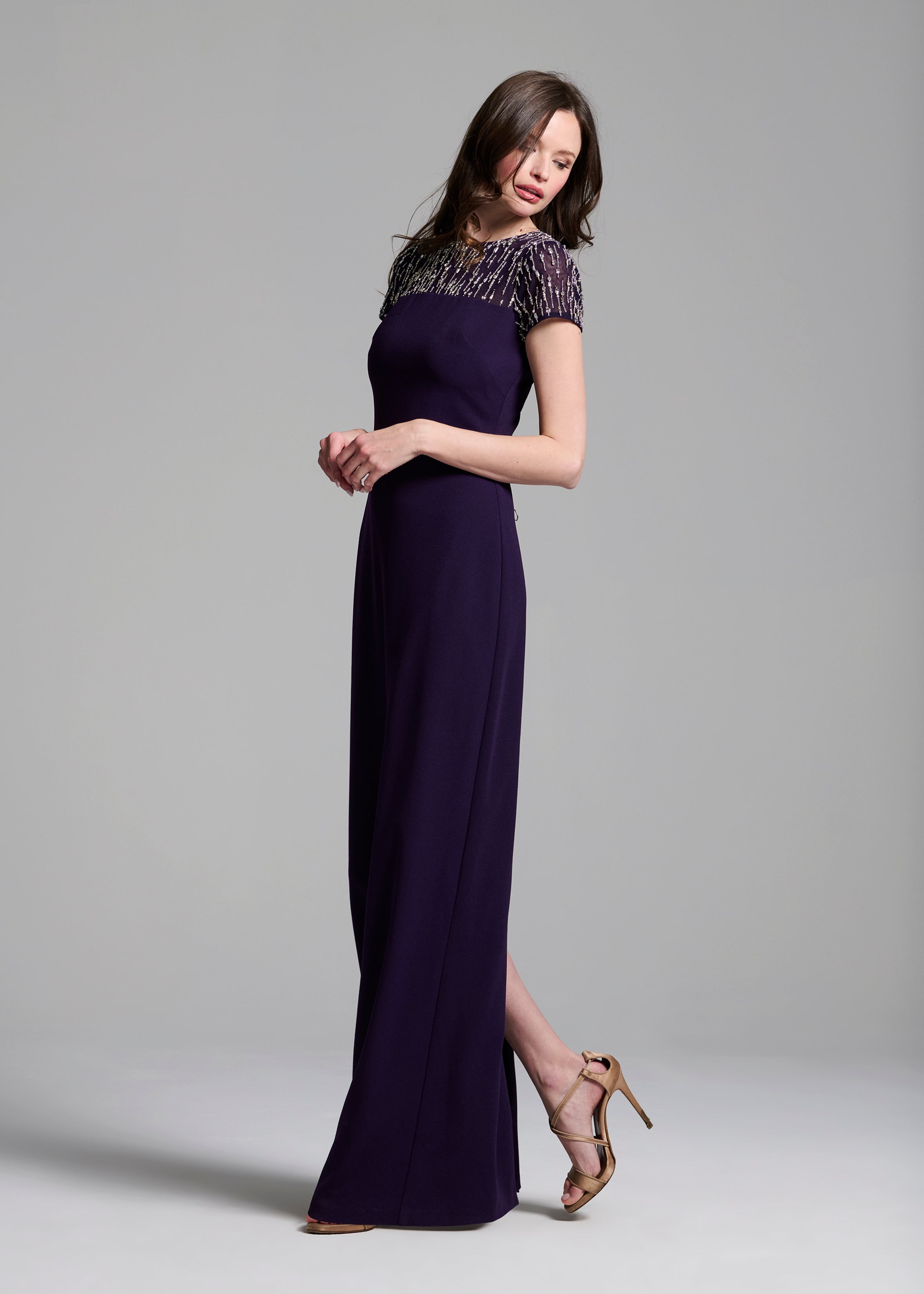 ILLUSION CRYSTAL STRETCH CREPE GOWN BLACK