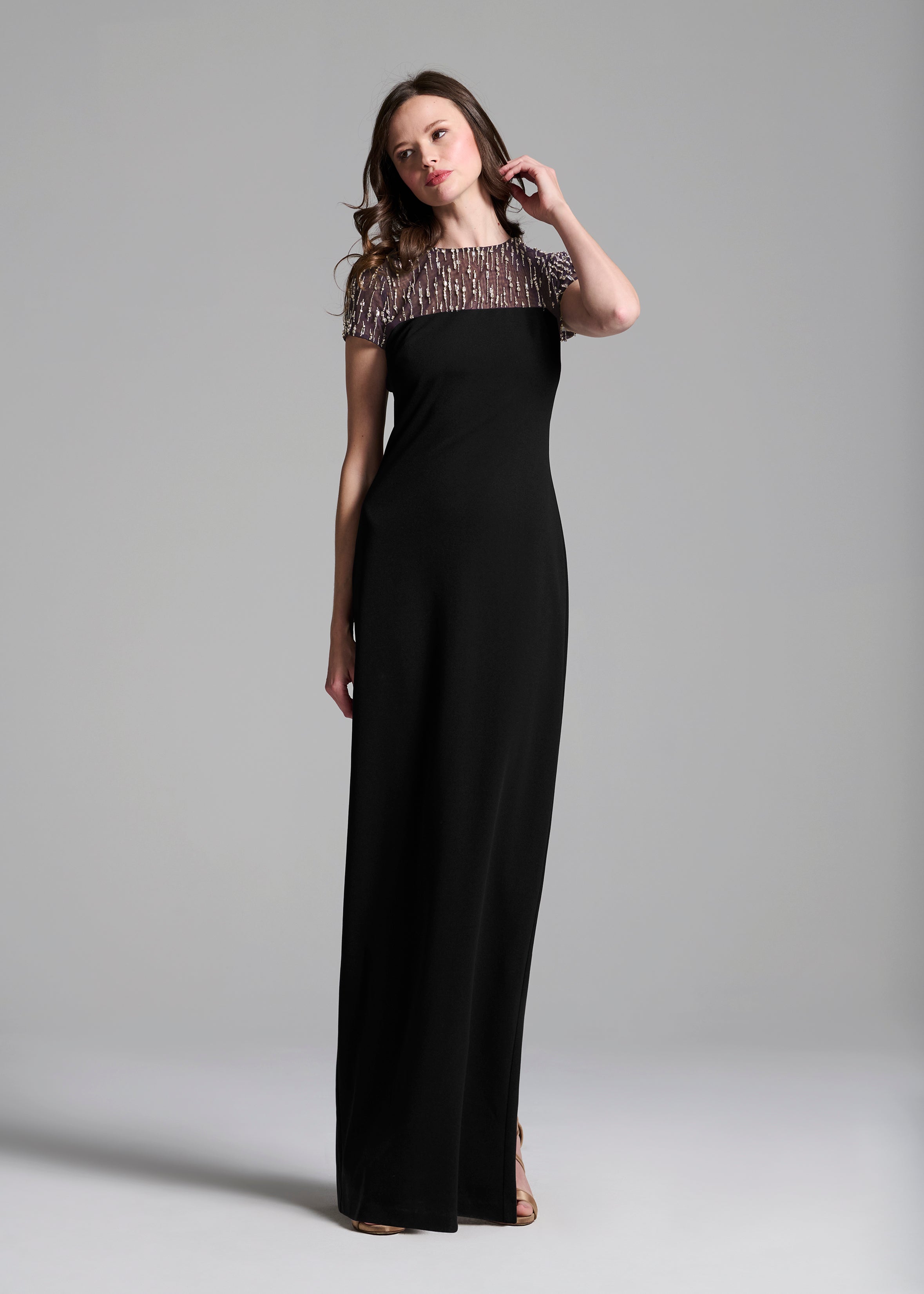 ILLUSION CRYSTAL STRETCH CREPE GOWN BLACK