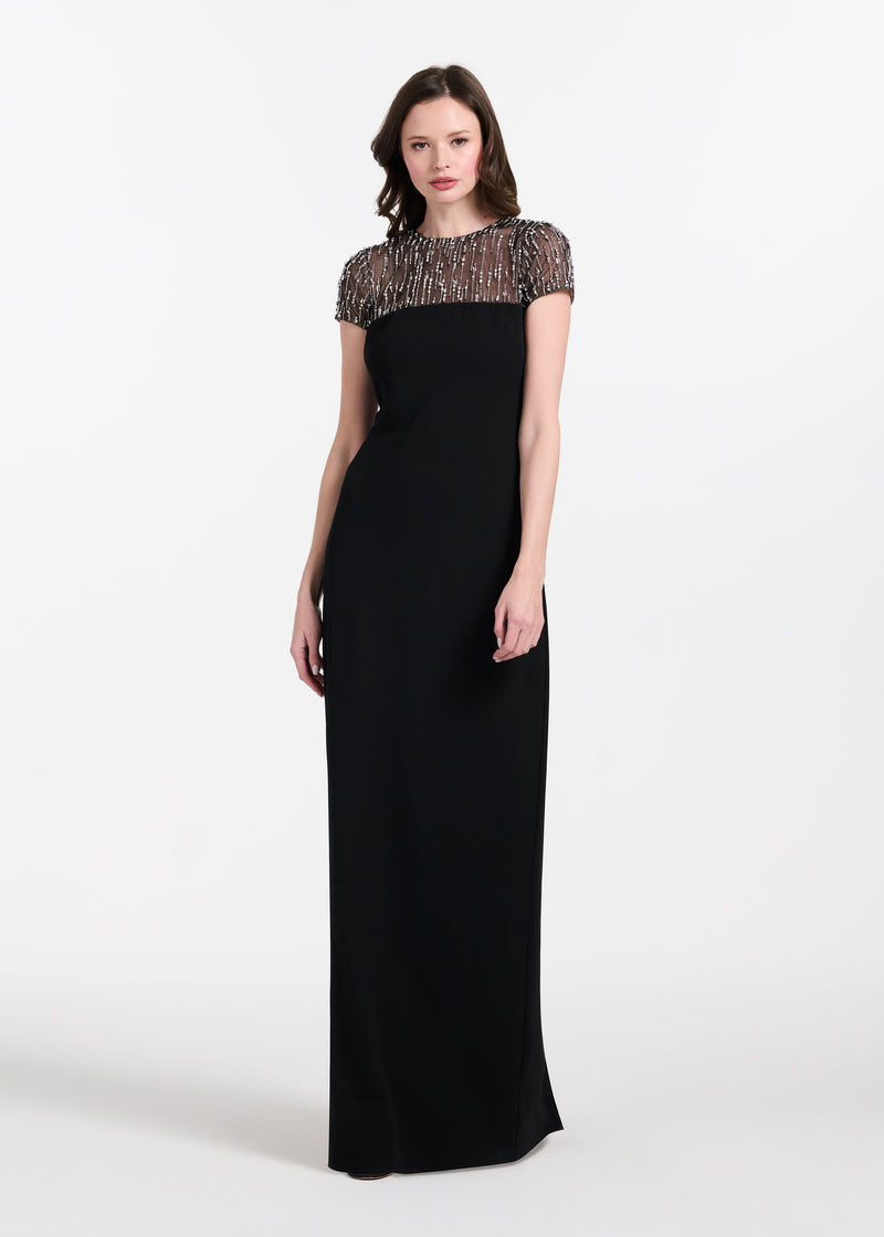 ILLUSION CRYSTAL STRETCH CREPE GOWN BLACK