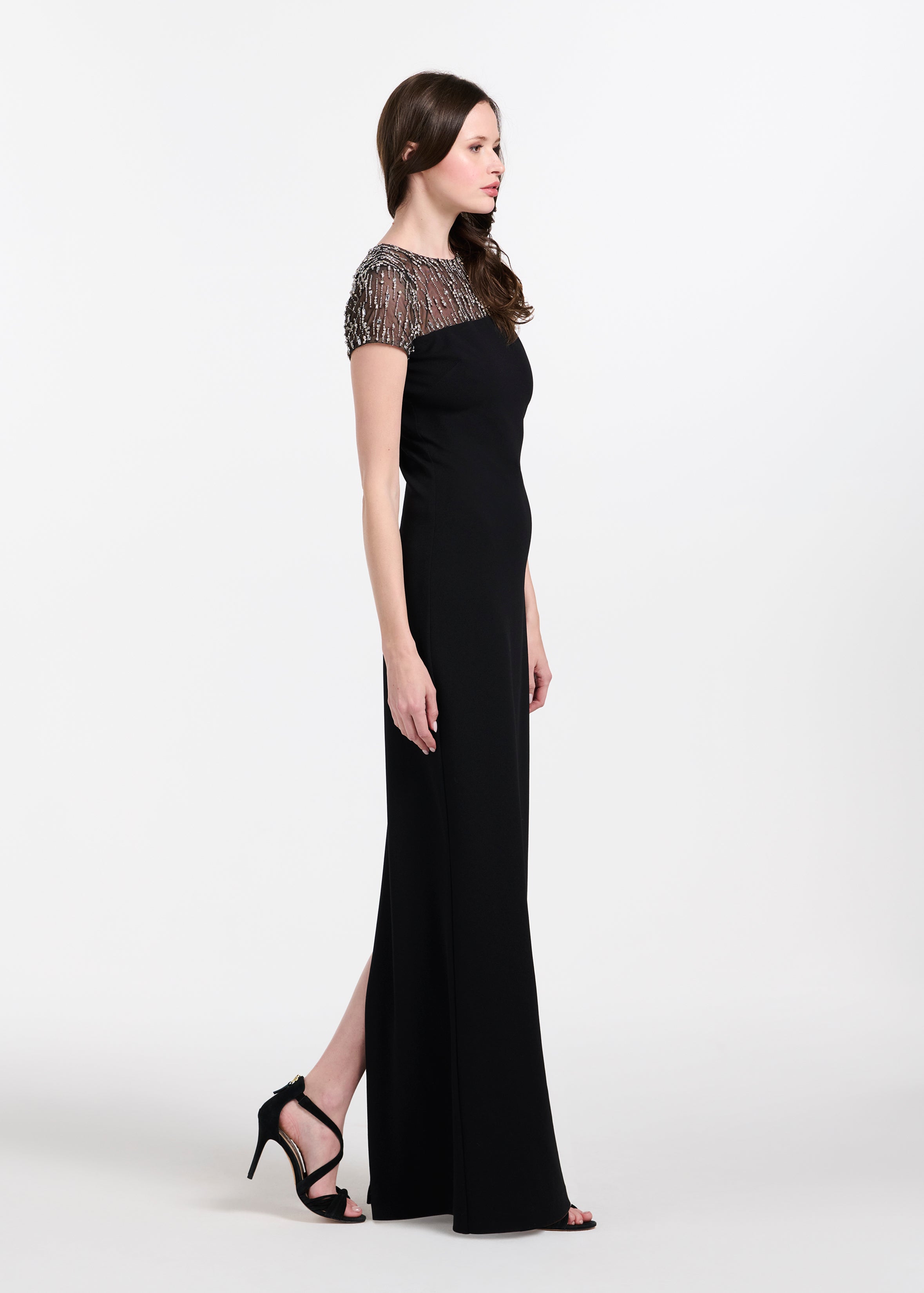 ILLUSION CRYSTAL STRETCH CREPE GOWN BLACK